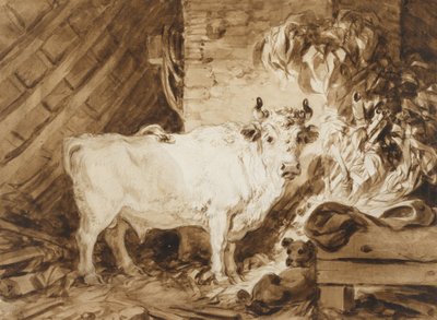 Taureau blanc et un chien dans une étable - Jean Honore Fragonard